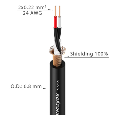 MC005-BK-100m ROXTONE cable symmetrical microphone, diameter 6.8 mm, 2 x 0.22 mm