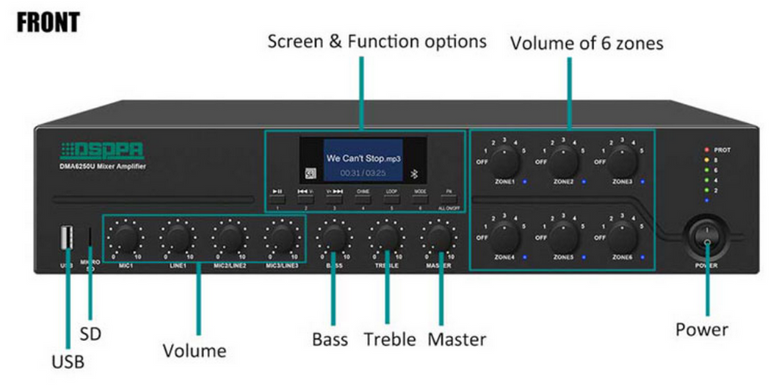 DSPPA DMA6250U 250W 6 Zones Digital Mixer Amplifier with Remote Paging Station