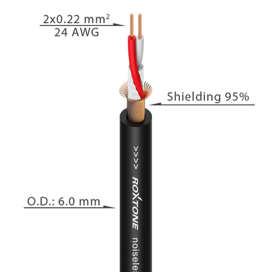 MC002-BK Roxtone Микрофонный кабель симметричный ,диаметр 6мм, 2 x 0.22 мм