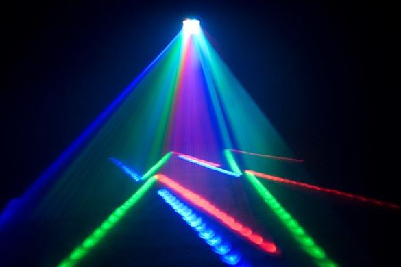 P115 LED effects device produces rotating and crisscrossing beams